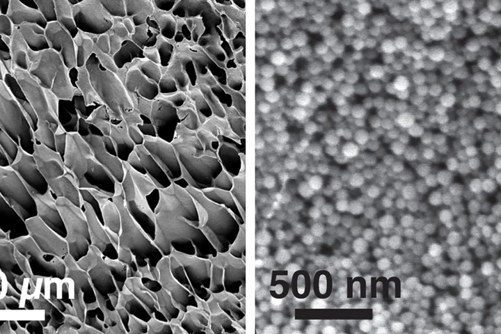The new hydrogel type can be seen in these electron microscopy images, which show the nanogel and polymer structure at different magnifications (Image: MIT)