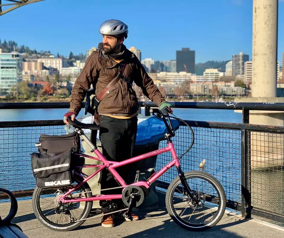 The ebike rides on 20-inch wheels wrapped in Schwalbe tires
