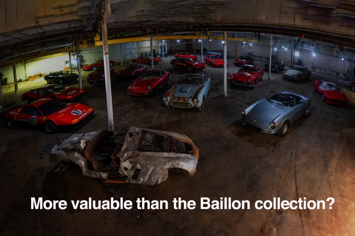 The 20 car "Lost and Found" Ferrari collection includes: 1954 Ferrari 500 Mondial Spider ($5.0 million), a 1956 Ferrari 250 GT Coupe Speciale ($1.43M), a 1956 Ferrari 410 Superamerica (record price - $3.3M), a 1960 Ferrari 250 GT Coupe (record - $1.14M), 1964 Ferrari 250 GT/L ($1.0 to $1.5M), 1965 Ferrari 275 GTB/6C Alloy ($4.6M), 1965 Ferrari 275 GTS ($2.4M), 1967 Ferrari 330 GTS ($3.3M), a 1978 Ferrari 512 BB LM ($2.2M) and two Ferrari 365 GTB/4 Daytonas ($1.15M x 2). Prices quoted are records for each model at auction.