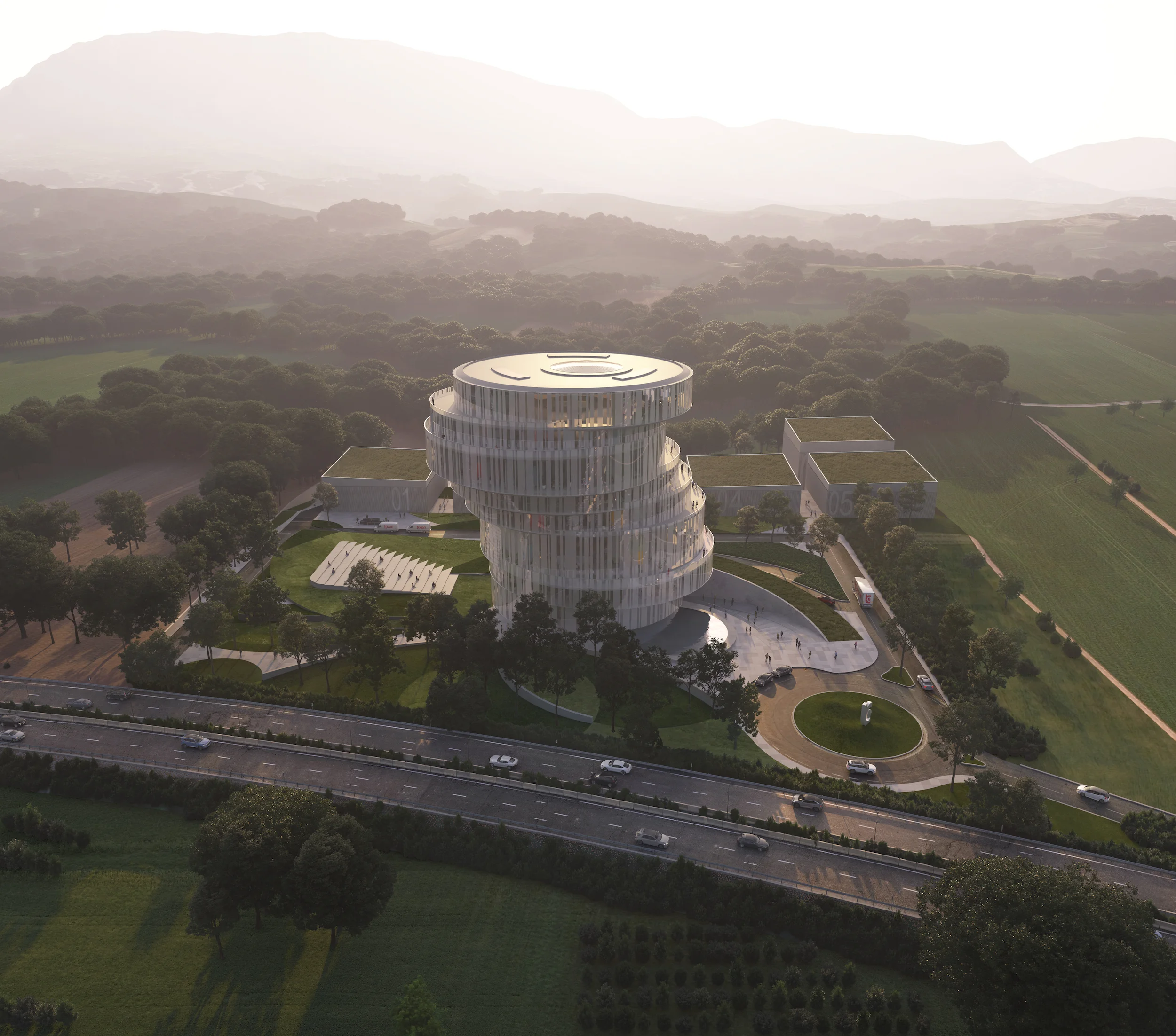 Copyright Plomp Eye-catching TV station HQ arranged to resemble stacked film reels
