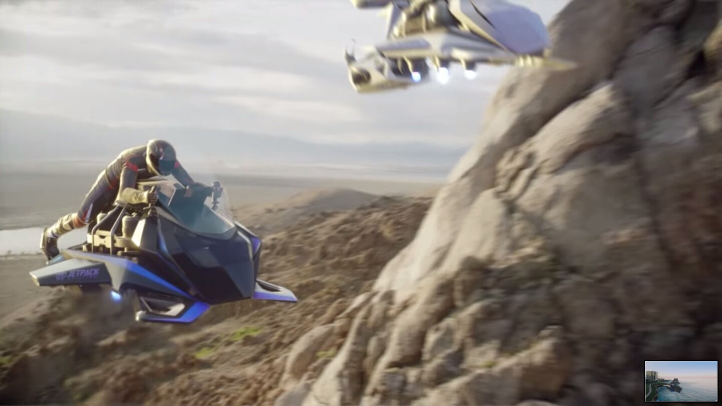 The Speeder flying motorcycle: up to 150 mph (240 km/h), up to 20 minutes in the air