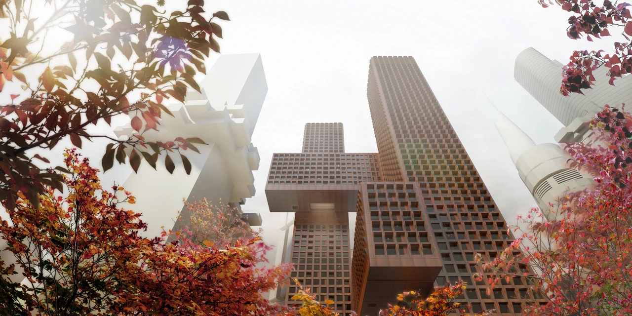The Cross # Towers will hold 600 apartments and reach heights of 214 and 204 meters (702 and 669 ft)