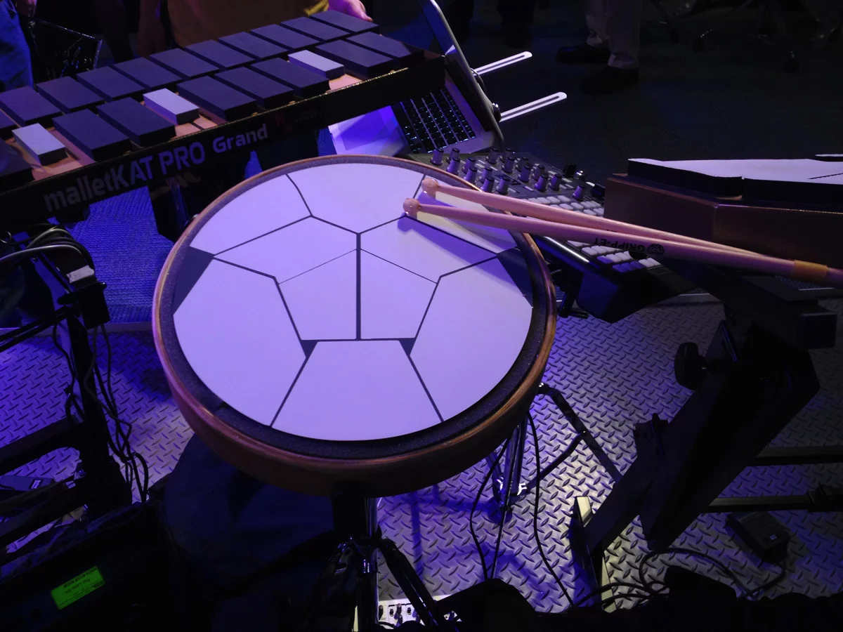 The Jambé can be mounted on standard drum stands for integration into a full acoustic or digital kit