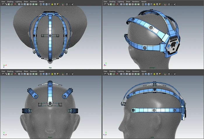 Different angles of a sample 3D-printed EEG headset designed by OpenBCI