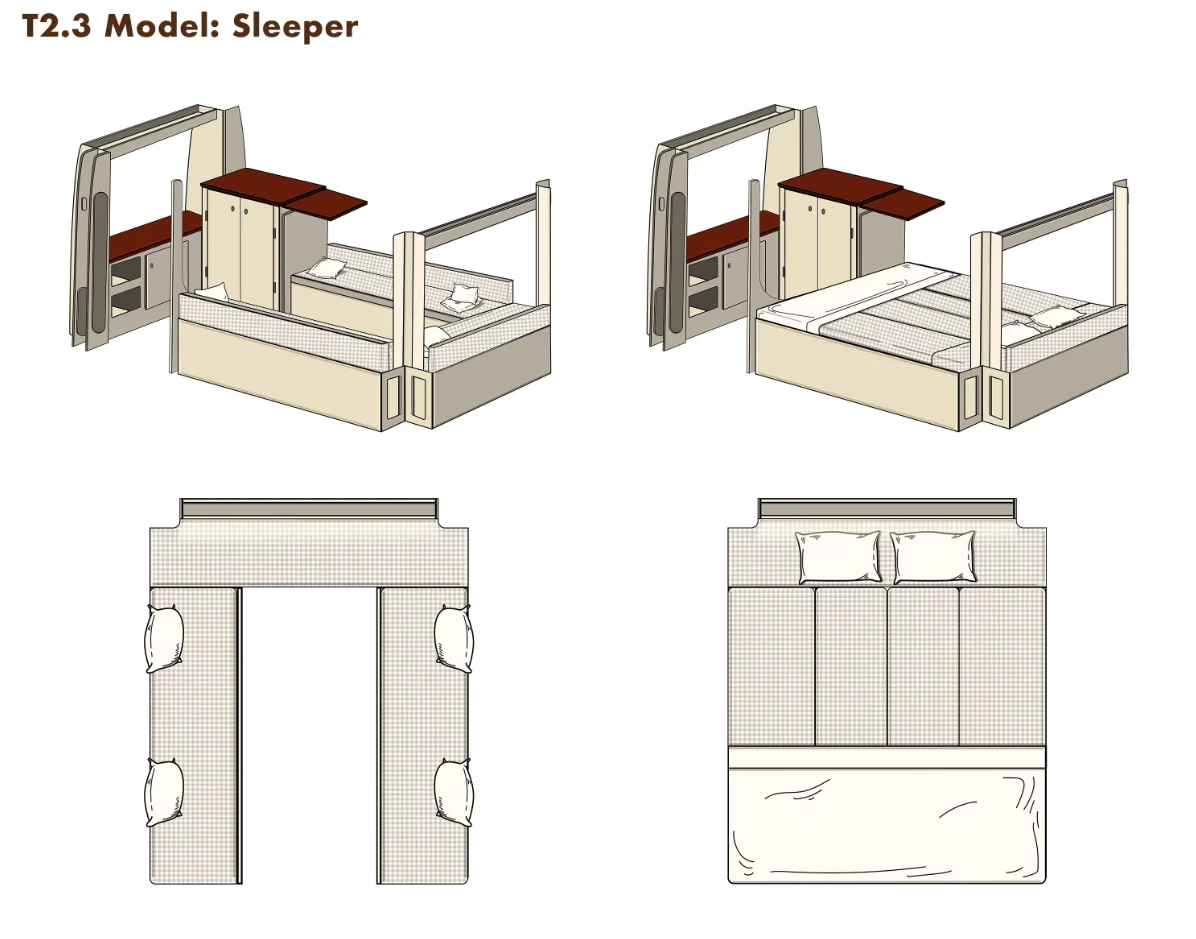 The Sleeper base floor plan offers a lounge/bed, a window seat, an equip-your-own galley area, and plenty of storage