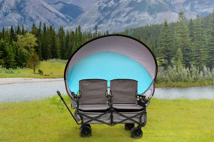 The Lawn Chariot's full-size seats and sun shade fold away into the wagon for easy hauling