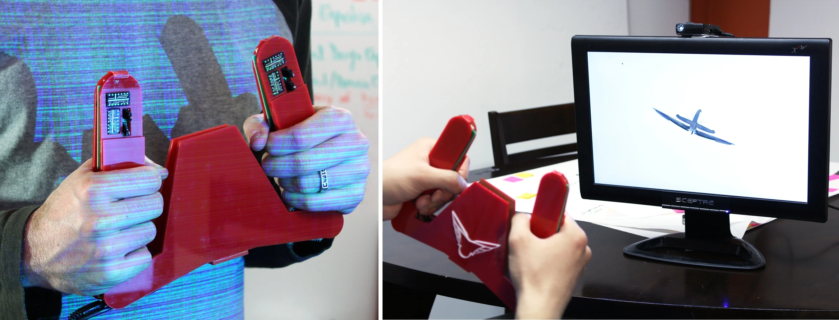 A Lumitrack sensor-equipped controller is used to control an on-screen airplane