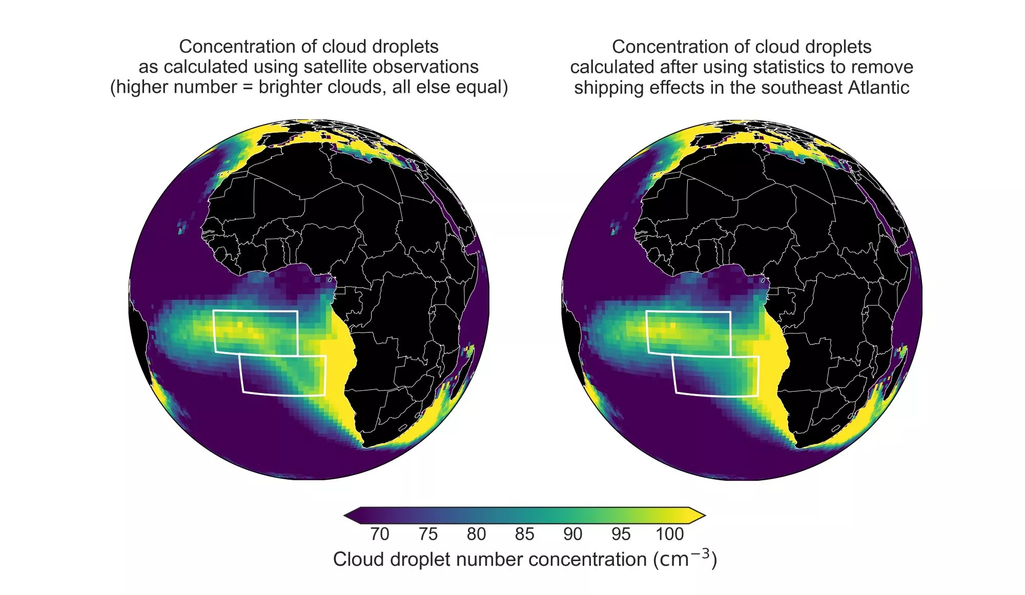 Cloud droplet formation as seen through satellite data between 2003 and 2015, with the image on the right illustrating what it would look like without sulfur emitted from ships along this route