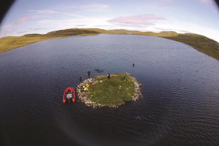 Aerial view of islet in Loch Langabhat