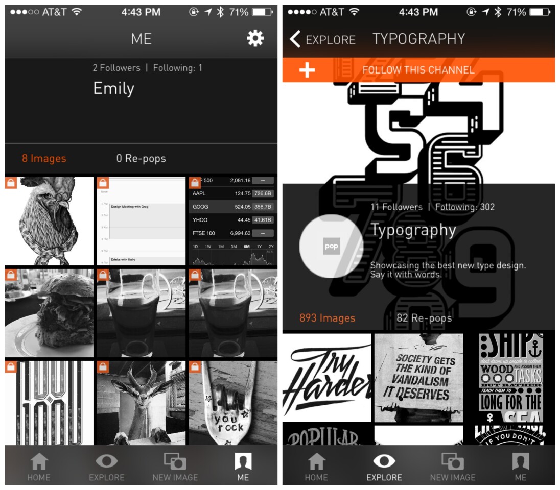 The PopSlate app is similar to Instagram, and allows you to follow other users