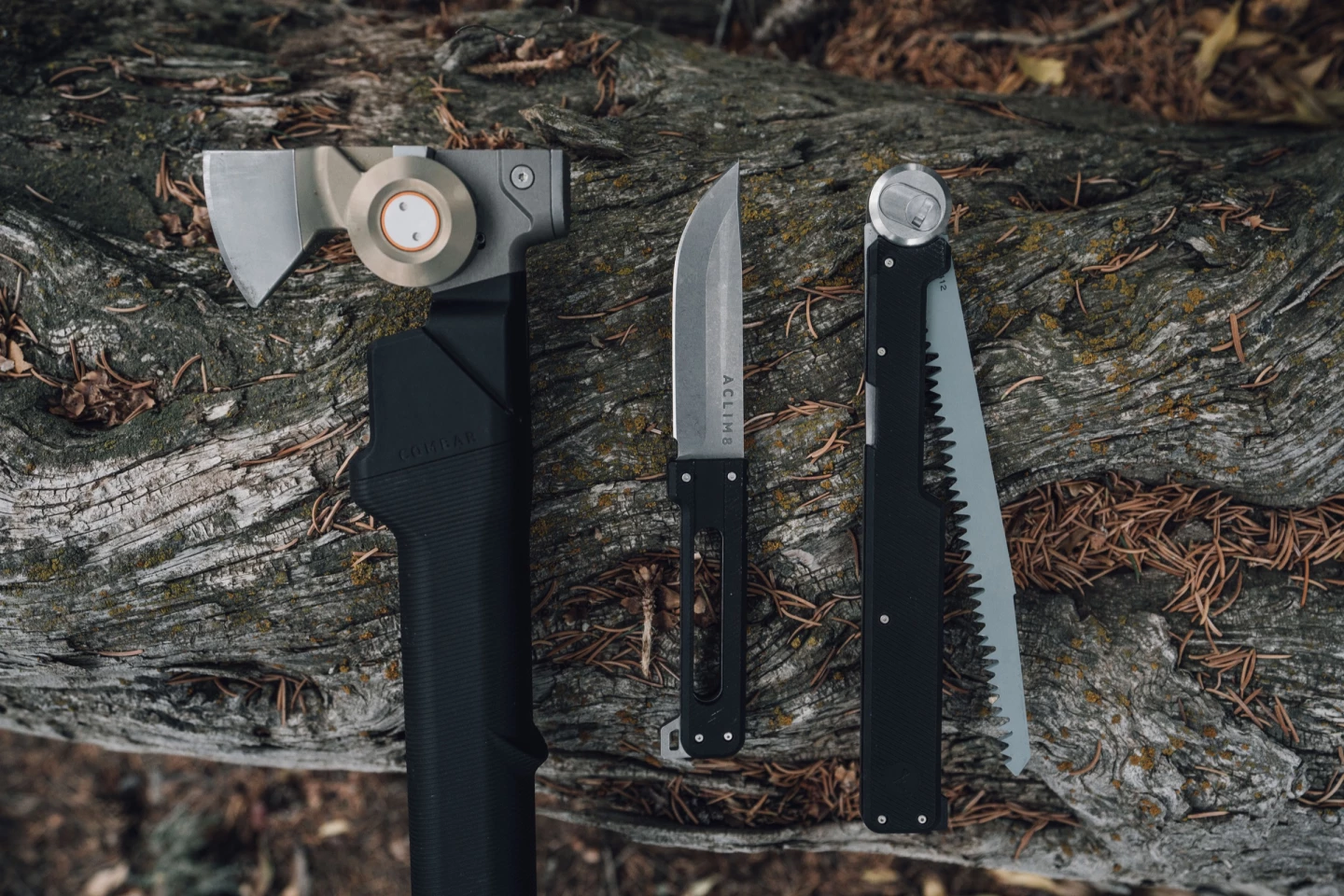 Available as an add-on to the Combar FoldaXe is the Pro Kit, which includes a survival knife and fold-out saw