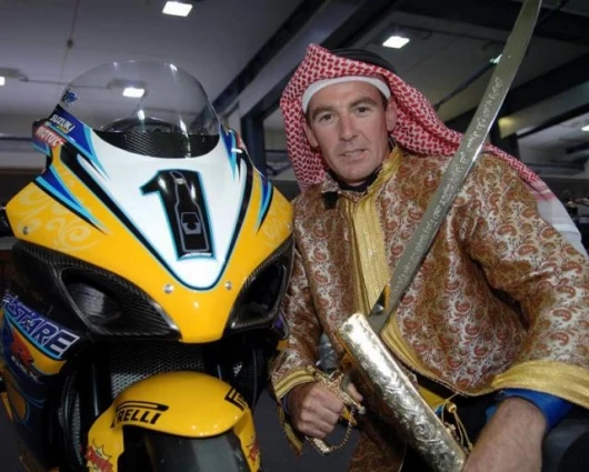 Troy Corser during a pre-race publicity session - neat sword heh!