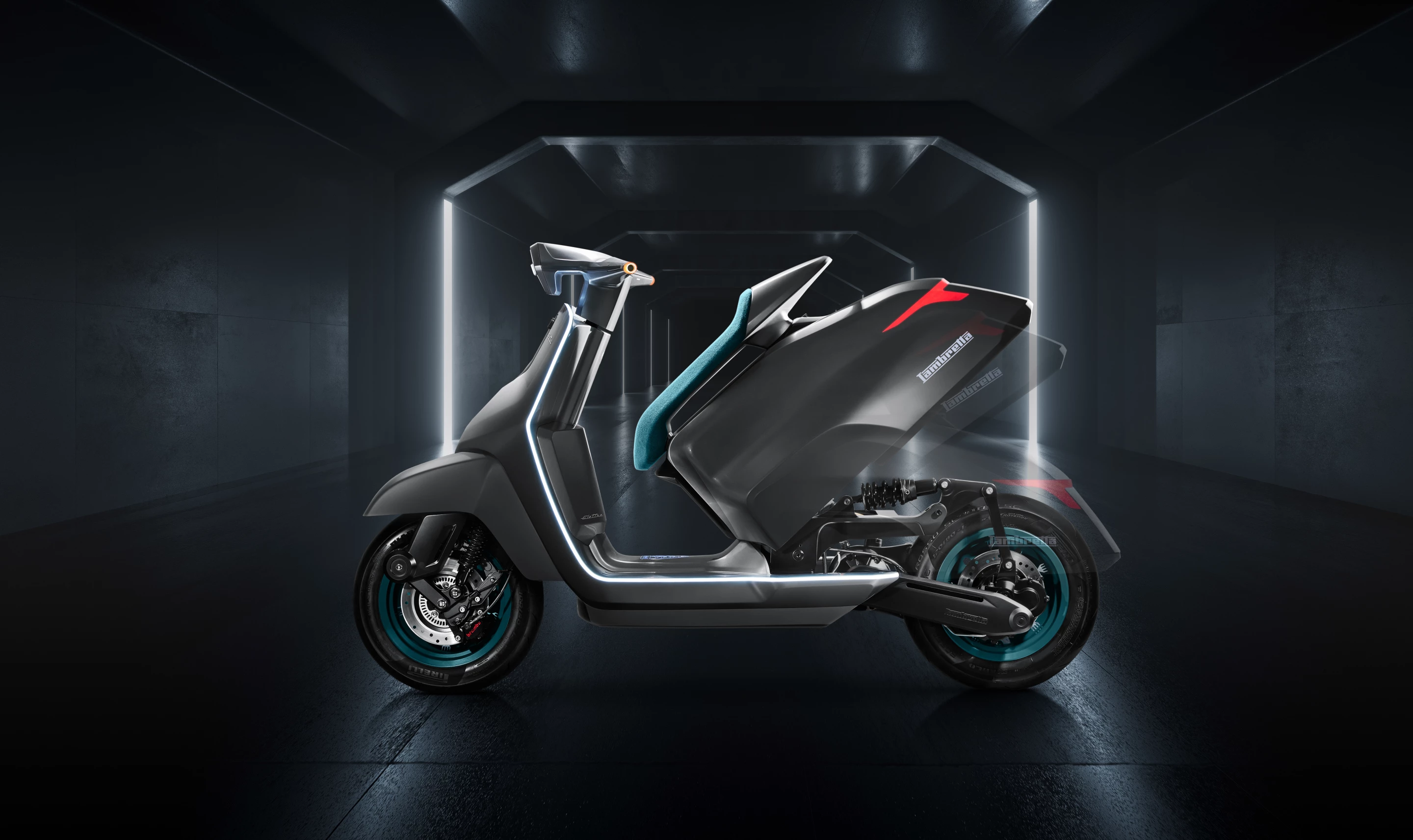 The rear section lifts at the touch of a button to allow access to the battery compartment