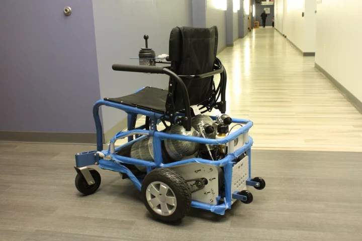 The PneuChair has a range of only about three miles, but takes just 10 minutes to recharge