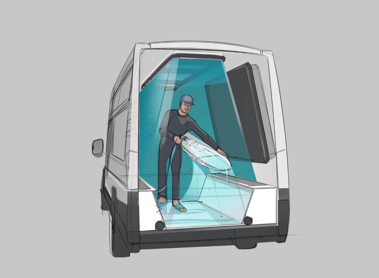 The indoor/outdoor shower lets users rinse gear and themselves off inside or out