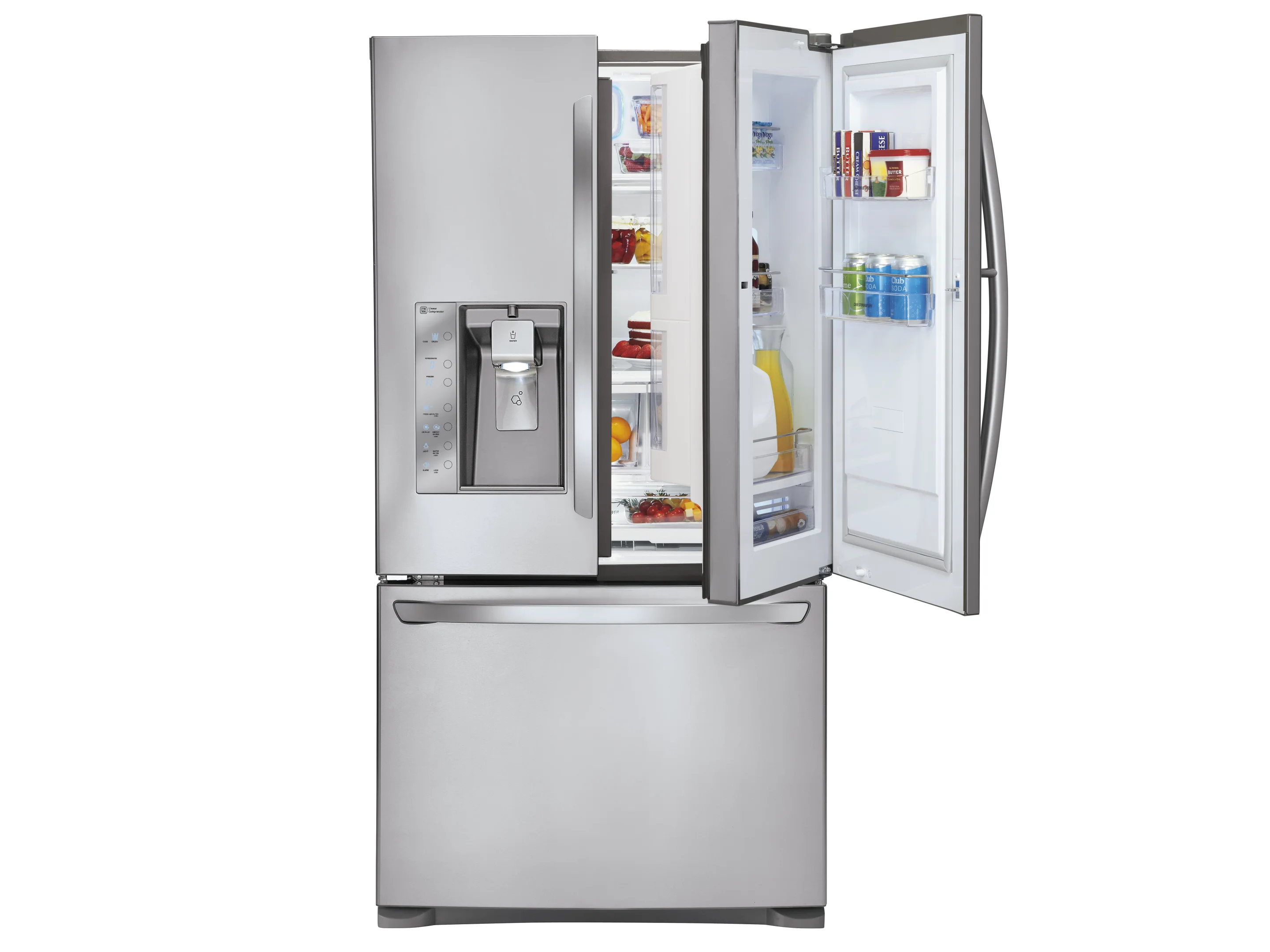 The right door of LG's new super capacity fridge allows access to the main storage space within, or at the press of a button opens a slim compartment within the door frame where commonly needed items can be stored and retrieved