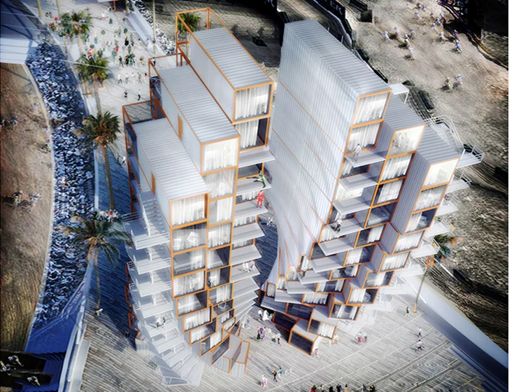 The Vegas Extreme sports park proposal calls for three large towers which are constructed from shipping containers (Image: M-Rad)