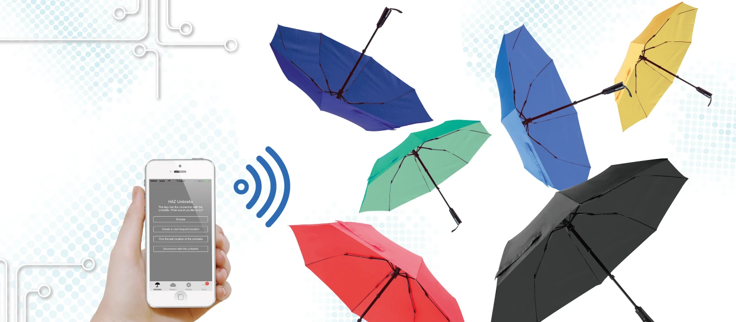 The Haz Umbrella connects to an accompanying iOS or Android app to tap into location-based weather forecasts