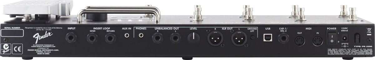 The rear of the Mustang Floor, showing the connectivity options - including one 0.25-inch input jack for the instrument, a send and return loop, MIDI in/out, and two XLR and two 0.25-inch outputs