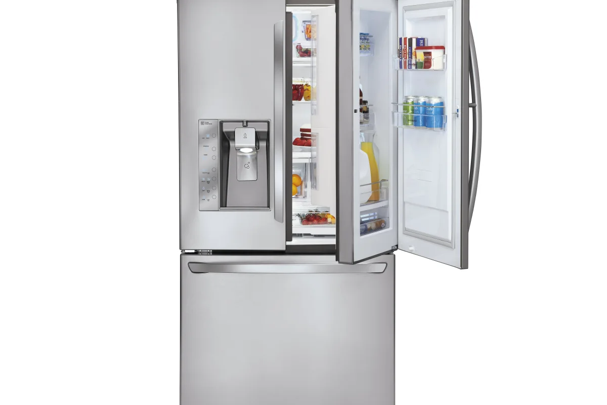 The right door of LG's new super capacity fridge allows access to the main storage space within, or at the press of a button opens a slim compartment within the door frame where commonly needed items can be stored and retrieved