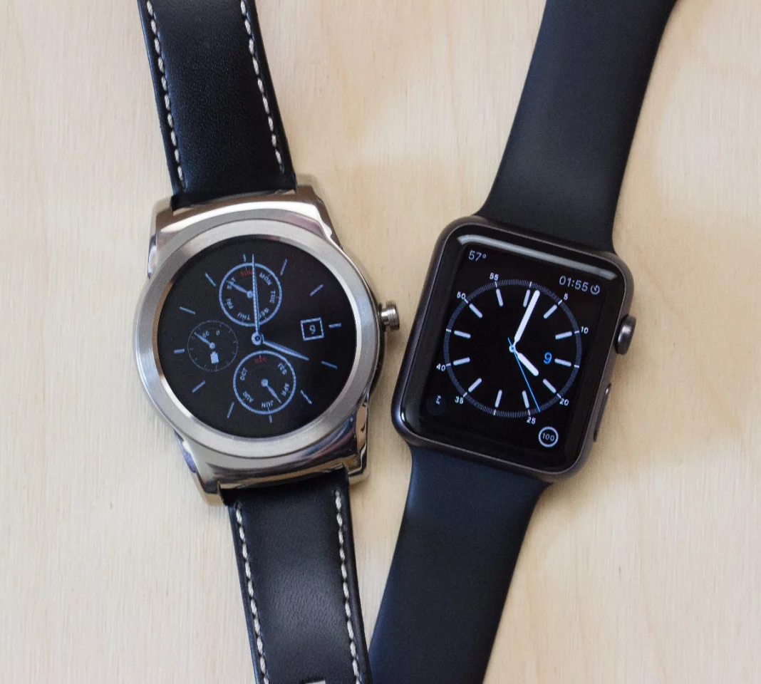 If wearables are on your radar, then your phone of choice will dictate your options: the Watch Urbane, left, requires and Android phone while the Apple Watch requires an iPhone