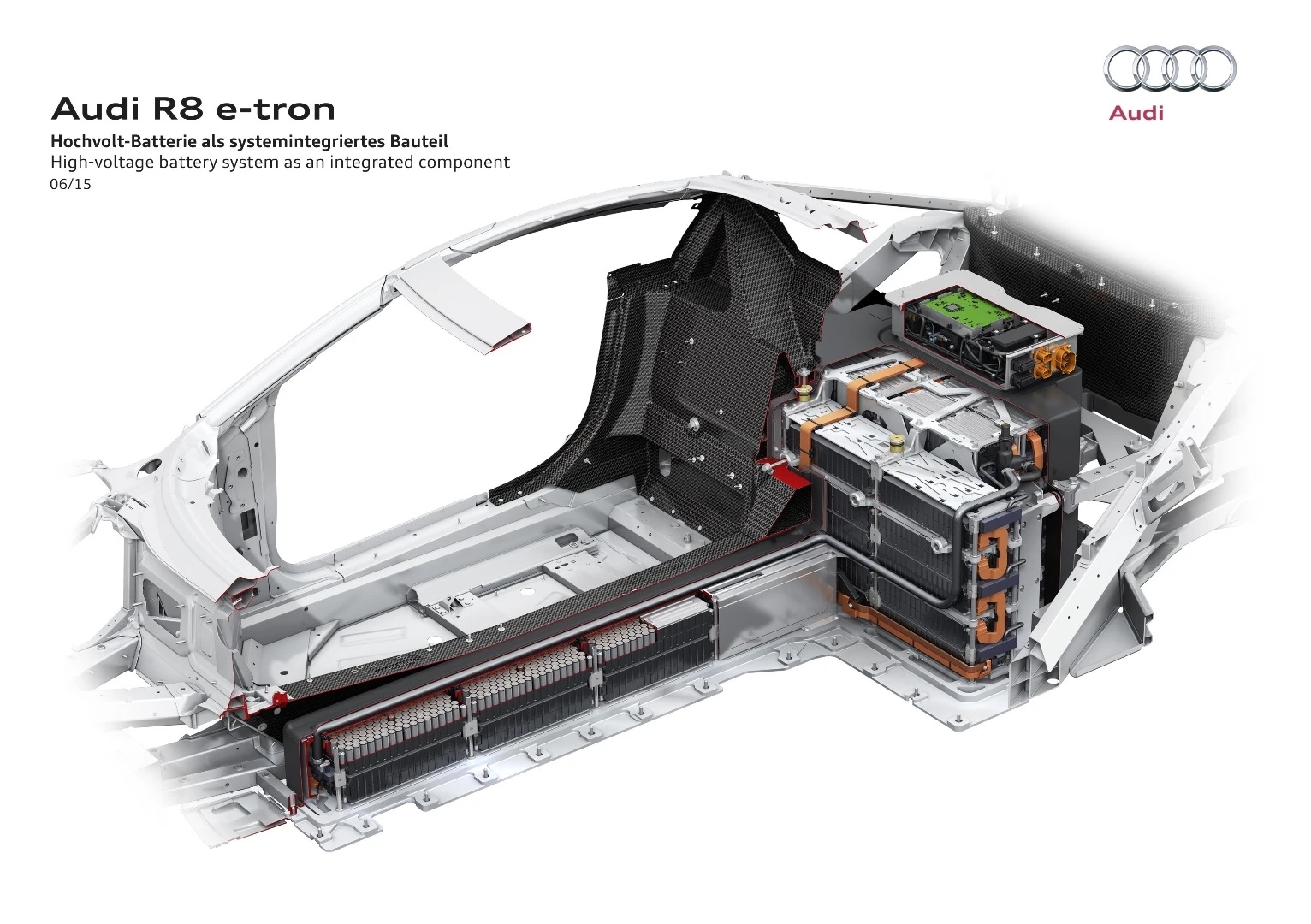 The Audi R8 e-tron has a T-shaped 92-kWh battery