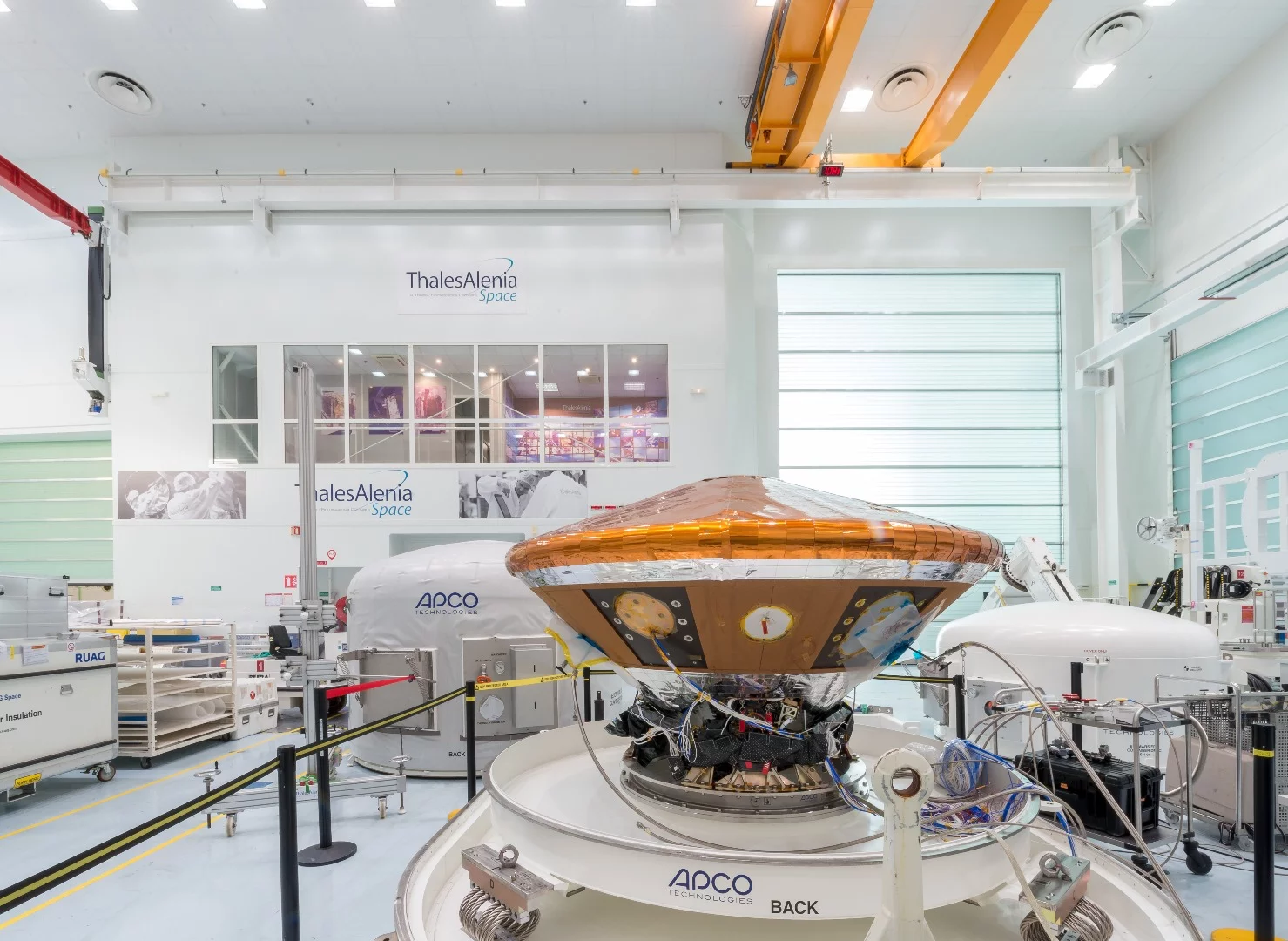 The ExoMars 2016 entry, descent and landing demonstration module, known as Schiaparelli, in a cleanroom at Thales Alenia Space in Cannes, France