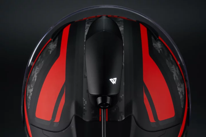 Looking down onto the helmet-mounted Revan camera module, which is reportedly compatible with a wide range of third-party helmets