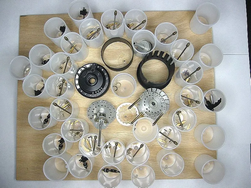A Curta calculator disassembled by Rick Furr