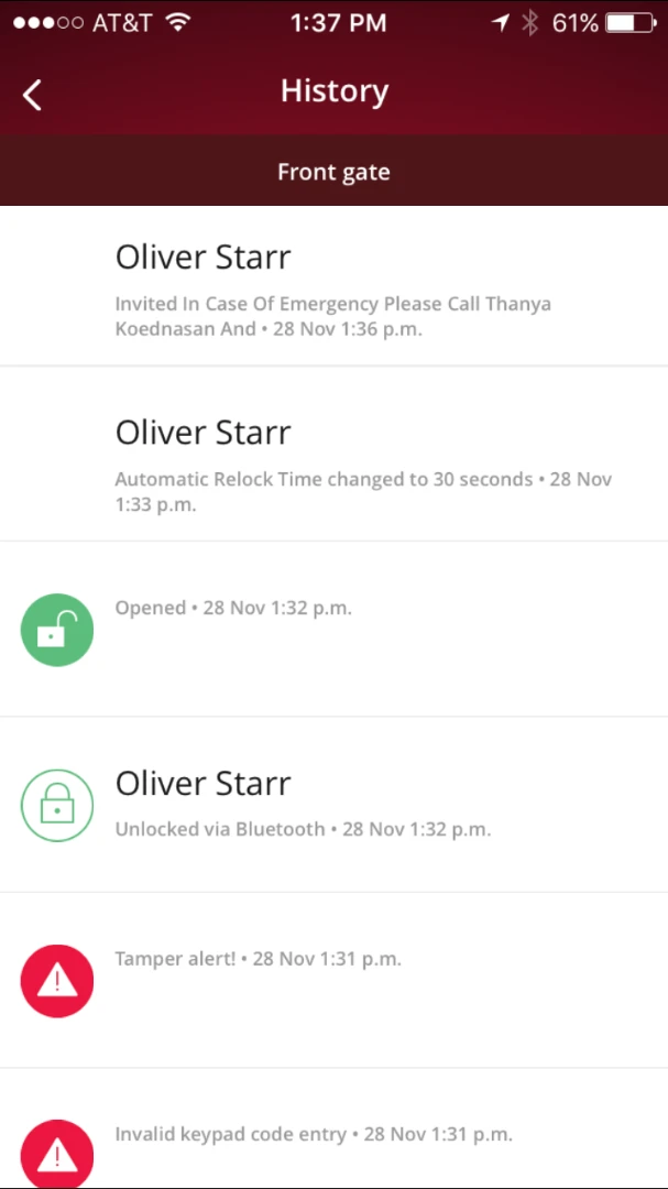 Master Lock Vault app - history includes open times and tamper alerts