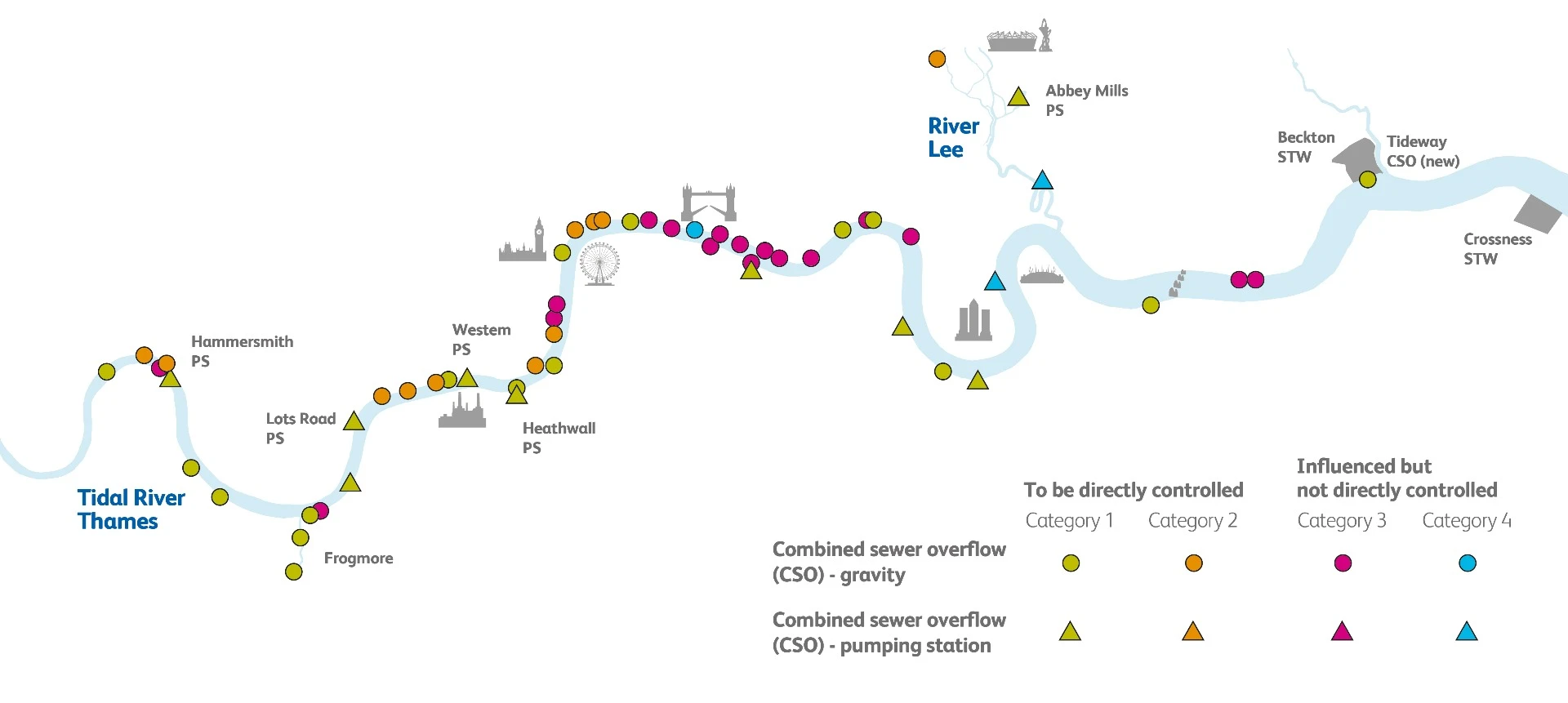 A map of the Combined Sewage Overflows along the River Thames
