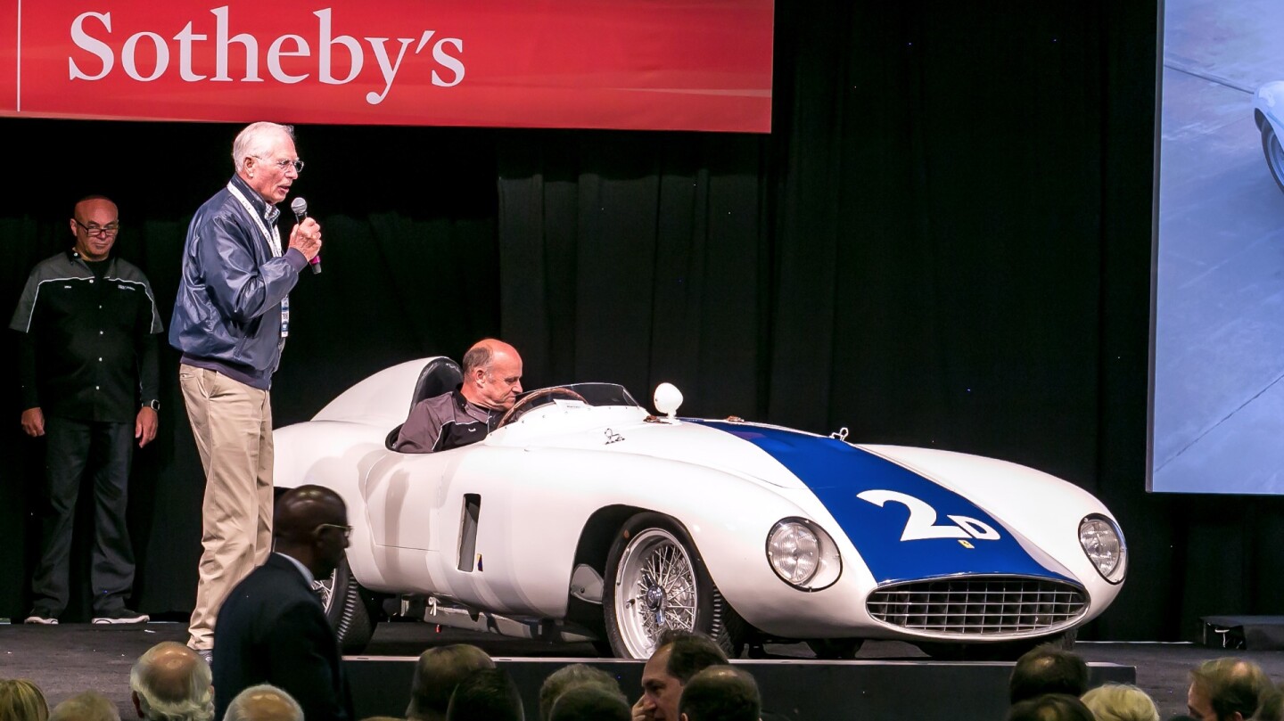 One of the finest Ferrari 750 Monzas in existence, this was the car driven by the famous Jim Hall in his very first road race in 1956 and owned since then by Hall, who took the microphone before the auction began (above). Prior to Hall, it was driven by such legends as Phil Hill and Carroll Shelby. The car sold at RM-Sotheby’s 2016 Monterey auction for $5,225,000.