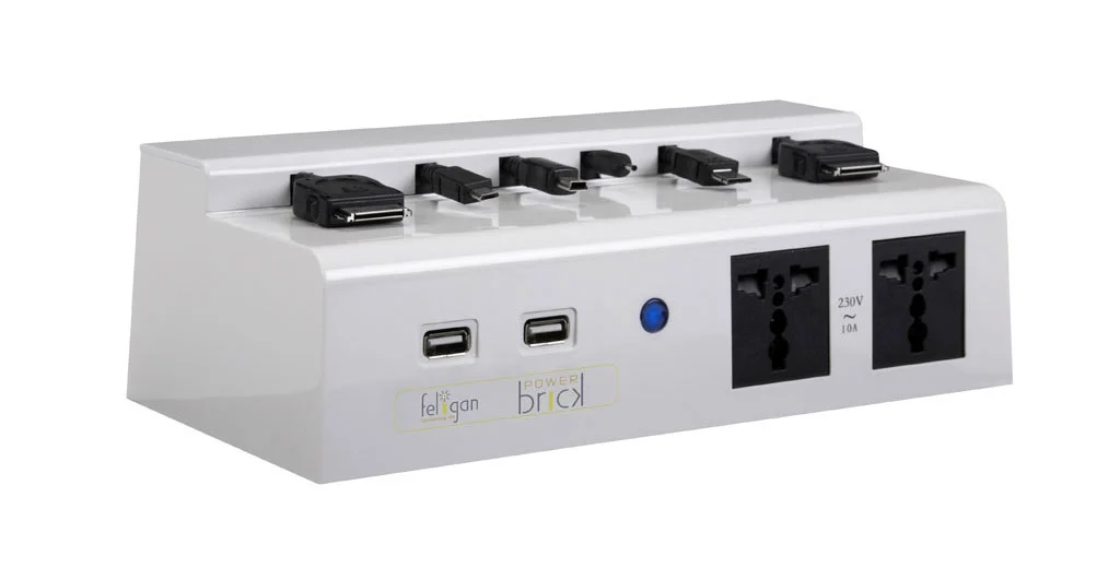 The PowerBrick universal charger comes in glossy white and black