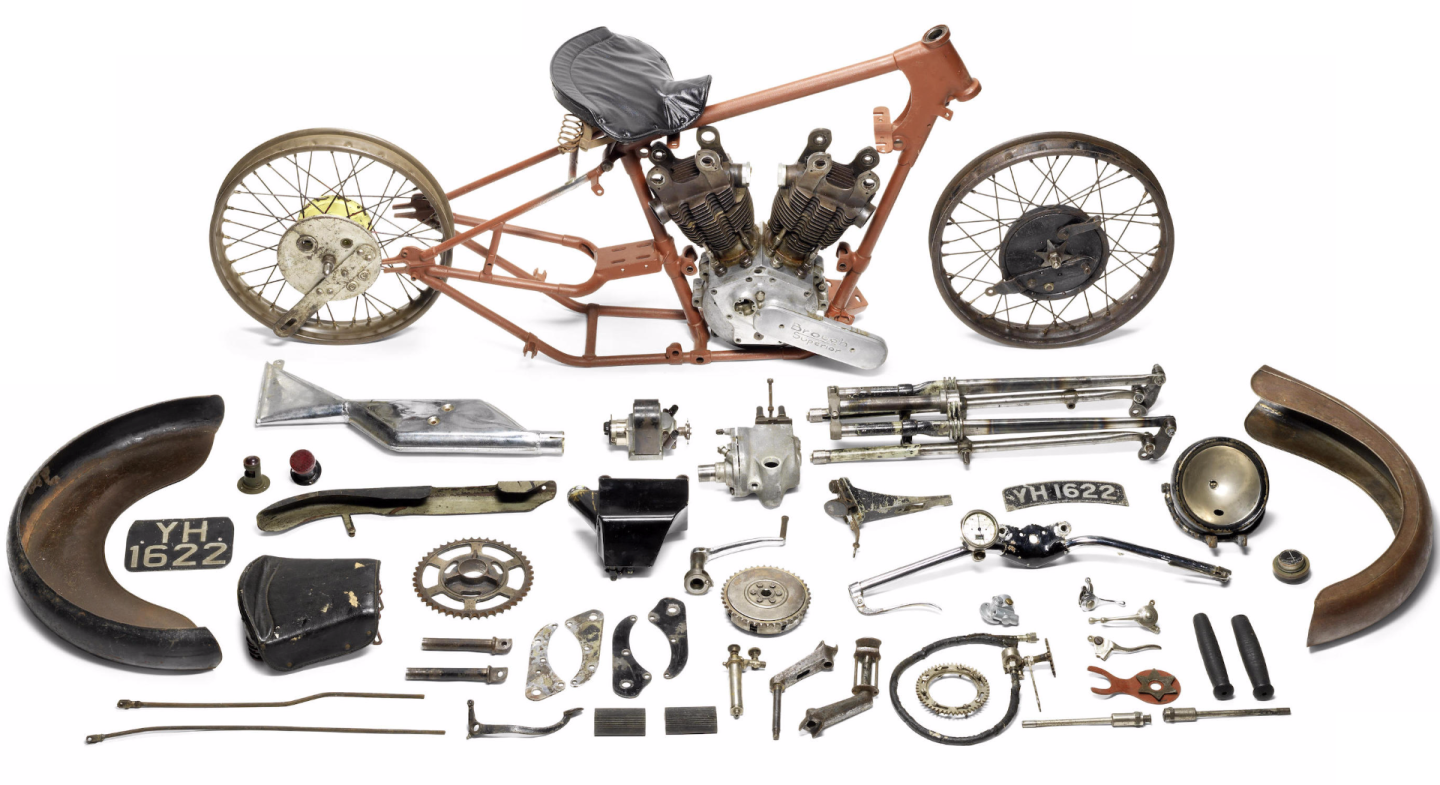 One man's meat is another man's poison. Someone paid £259,100 ($400,039) for this 1927 Brough Superior SS100 Alpine Grand Sport Project which sold as Lot 201 at Bonhams Autumn Stafford Sale held on 18 October, 2015.Coming off an estimate of £120,000 to 160,000 ($185,000 -$245,000), the bidding just kept going into the 20 most expensive motorcycles ever territory. The irony is that a few months from now, it may once more be "as new"