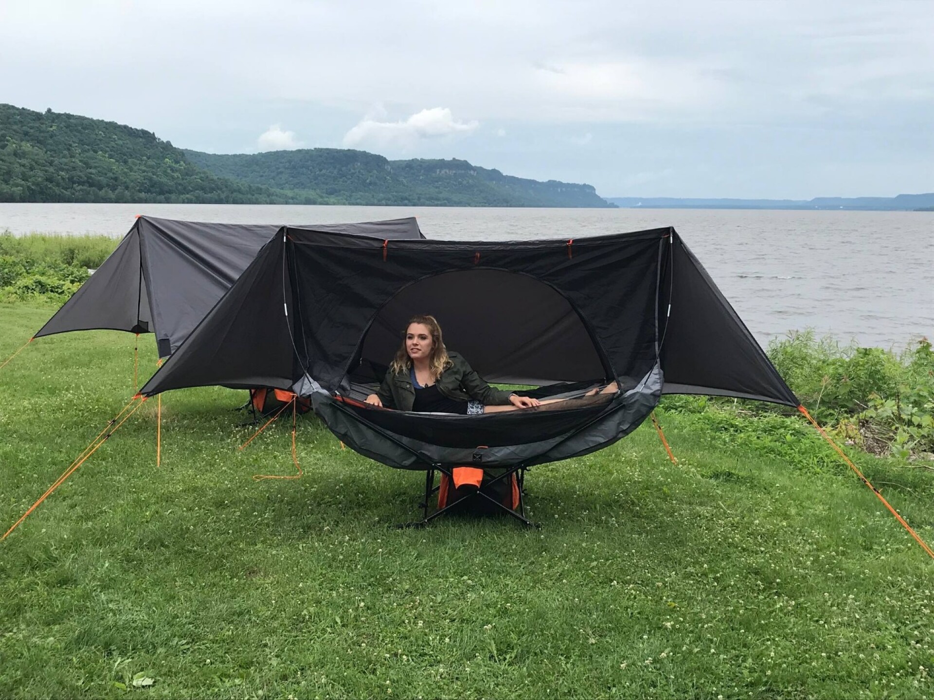 Folding camping hammock travels light and sets up without the trees