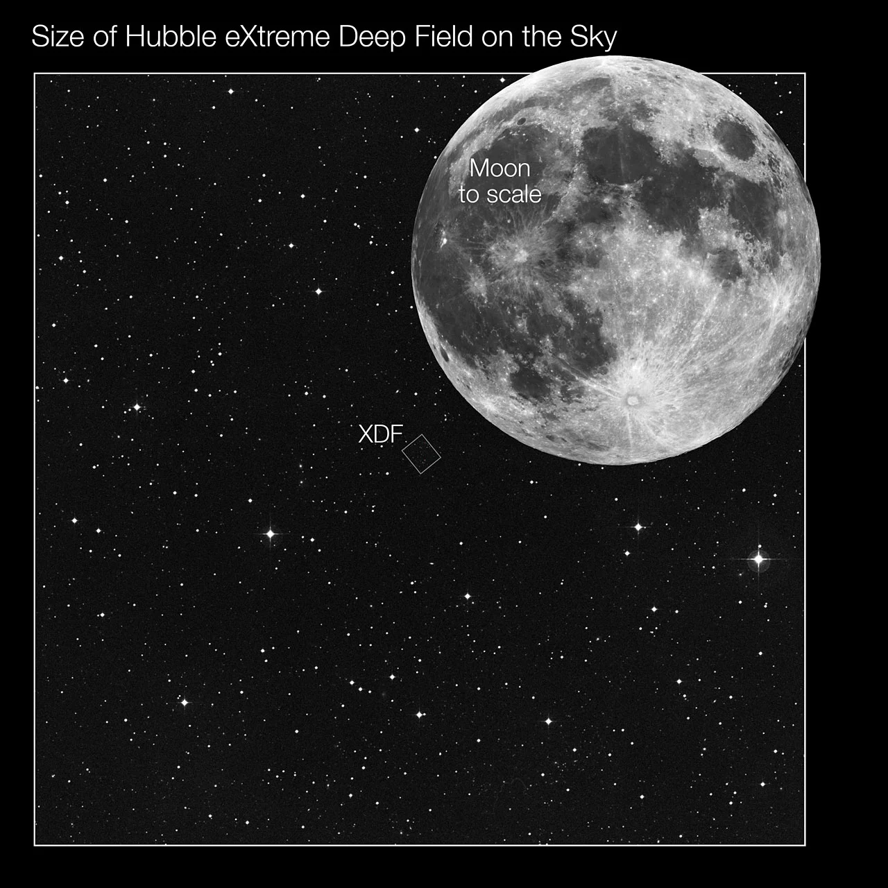The area around the Hubble eXtreme Deep Field and the full Moon, shown to scale for comparison (Image: NASA)