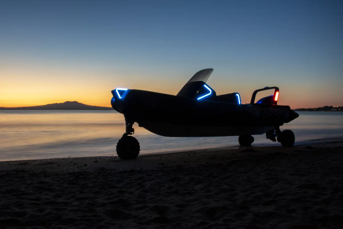 The Sealegs Electric E4 can travel on land at up to 10 km/h (6 mph)