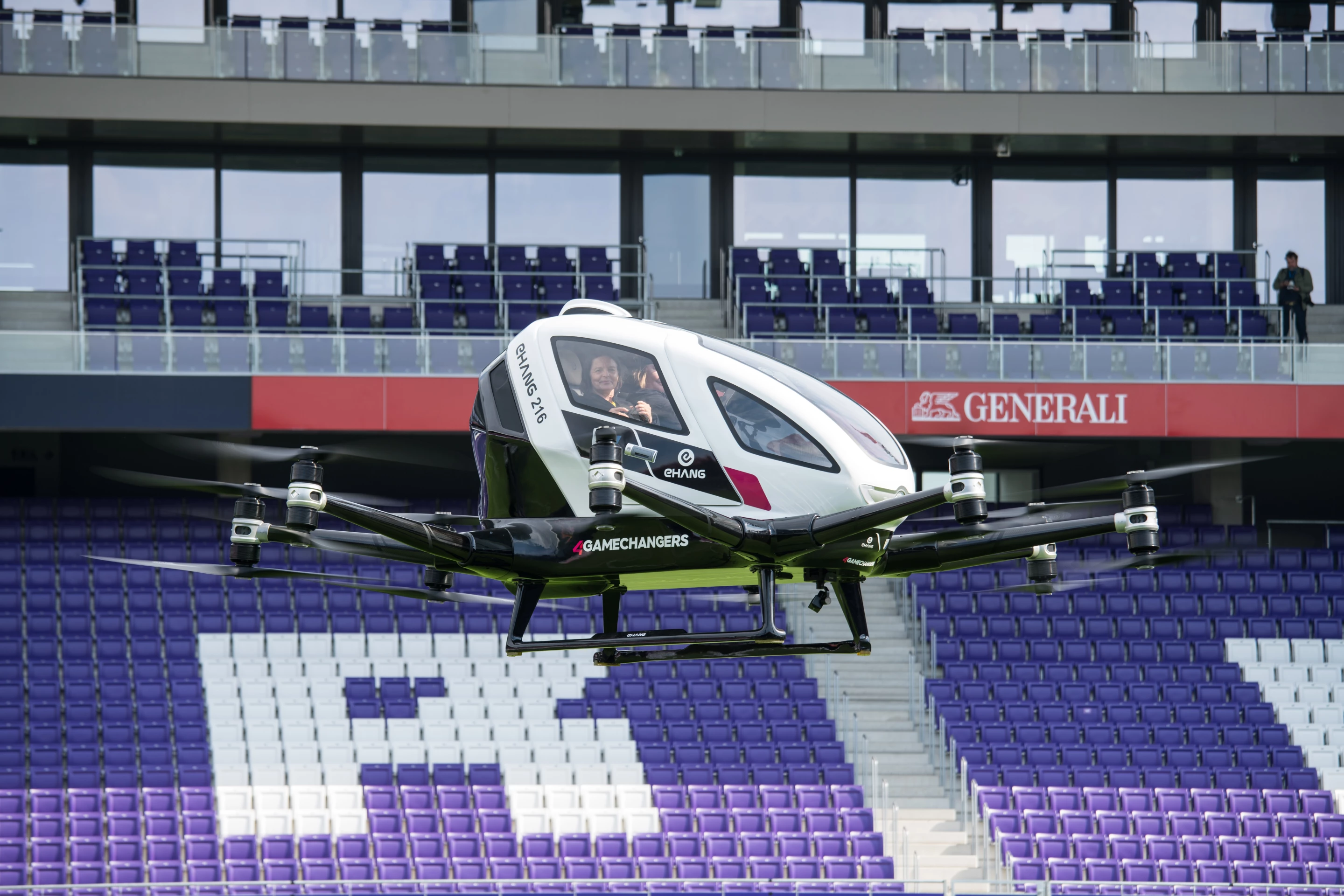 Ehang demonstrates its two-passenger 216 pilotless air taxi in Vienna