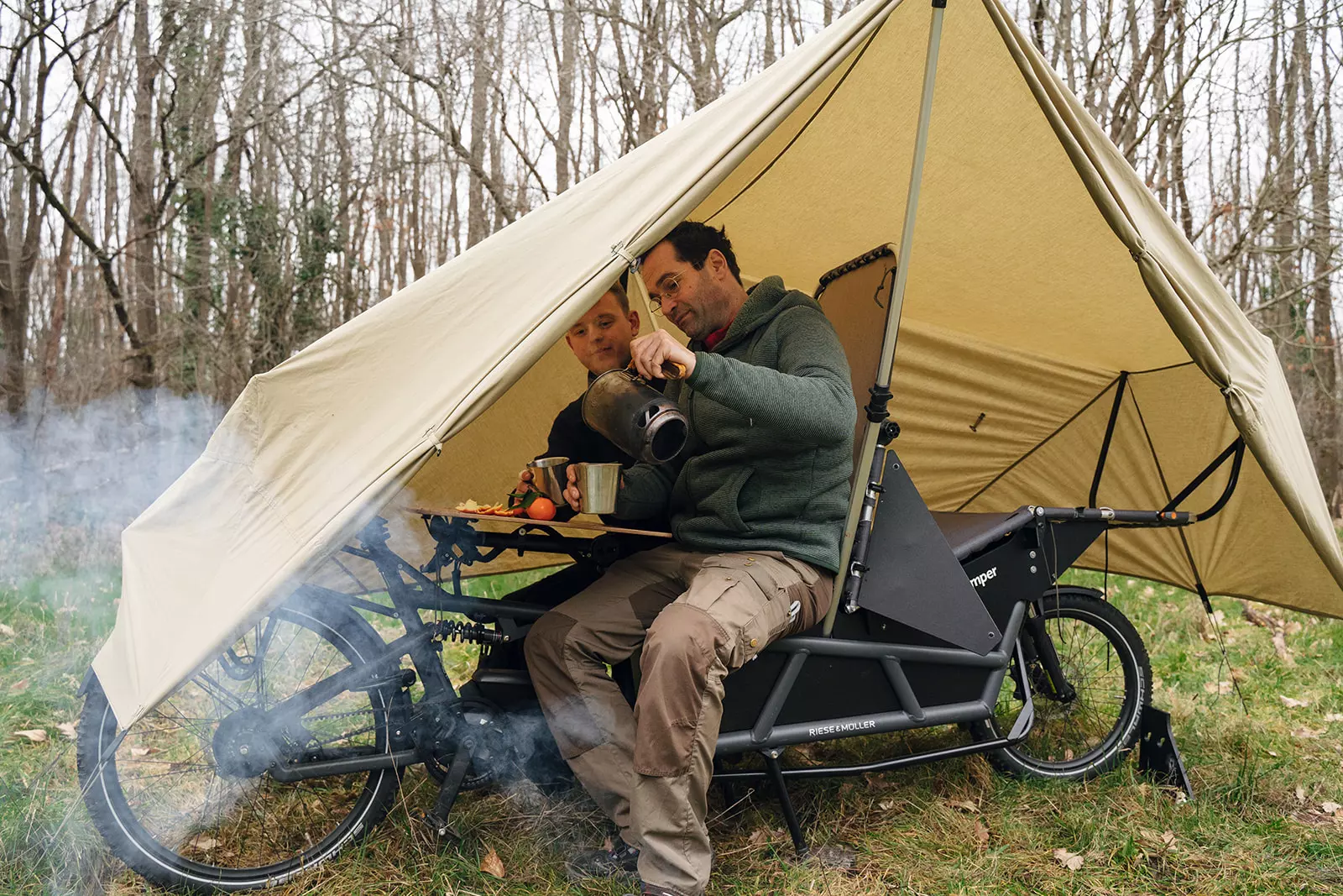The Spacecamper Bike is made to serve as a tent for one, but it can get two people out of the weather in a pinch during the day