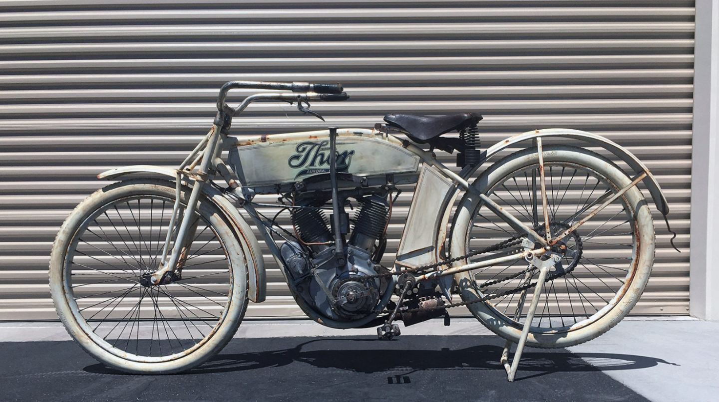 This rare and highly desirable 1912 Thor Model U Twin from the annals of American motorcycle history, the 76.25 cubic inch (1250cc) Model U V-twin was marketed by Thor in period as the most powerful motorcycle yet known. The record at auction for the model was set in 2015 by Mecum Mid-America during the Las Vegas auctions when a 1914 model sold for $77,000 and a 1918 model sold for £32,200 ($49,715) in Bonhams' Lonatti Collection sale in October, 2015. Still available as it achieved a high bid of just $40,000.