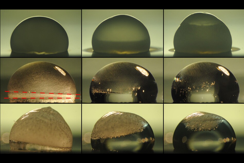 Images of a droplet on a surface show the process of freezing (top row). The next two rows show the droplet thawing out on a surface coated with the new layered material. In the middle row, the droplet is heated by the coating immediately upon freezing, and the dashed lines show where the freezing at top is just catching up with the thawing from below. The bottom row shows a slower thawing process