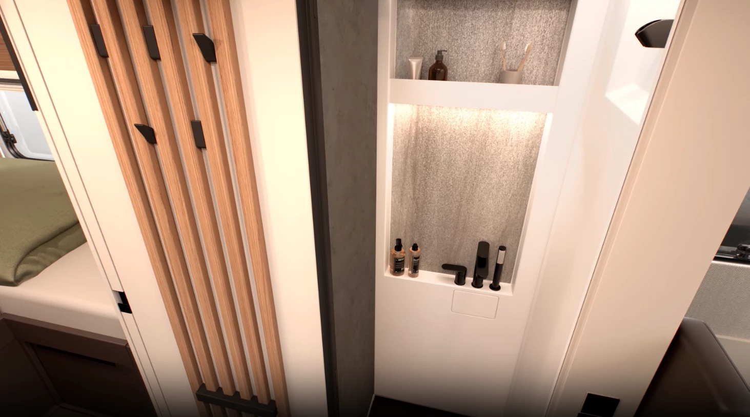 Signature bathroom with wall slid back into shower room mode