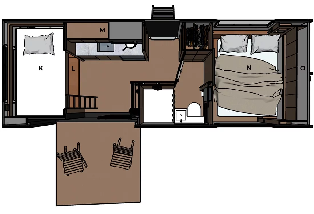 Floor plan nighttime – Murphy queen bed folded down in the bedroom, bathroom expanded into full dry form and dual bunk beds deployed at the rear