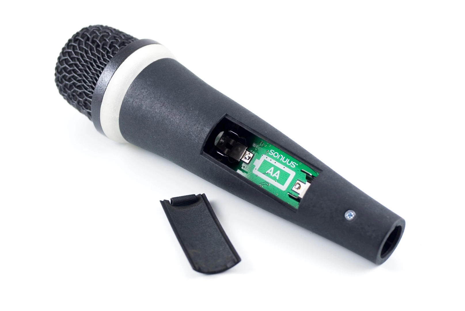 The onboard circuitry is powered by a single AA-sized battery (not included)
