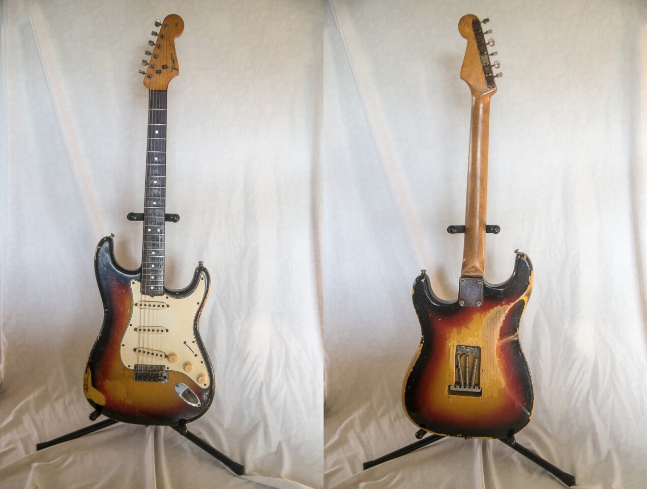 This 1964 Stratocaster was given by Jimi Hendrix to his brother Leon in 1968 in Seattle. According to Leon he told Jimi that he was going to start a band. Jimi asked him if he had a guitar. Leon said no and so Jimi gave him the 1964 Fender. Leon kept it for nearly 50 years and put it up for auction in 2015. It sold for $385,917 (£260,280) at a Ted Owen & Co auction on 1 April, 2015