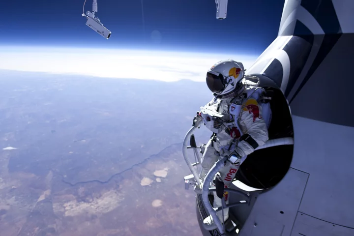 Felix Baumgartner stares down the barrel of the first test jump in the Red Bull Stratos project (Photo: Jay Nemeth/Red Bull)