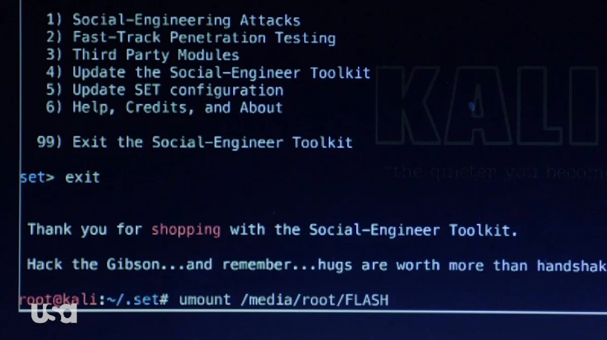 A still from "Mr Robot" with a reference to Hack the Gibson from Hackers