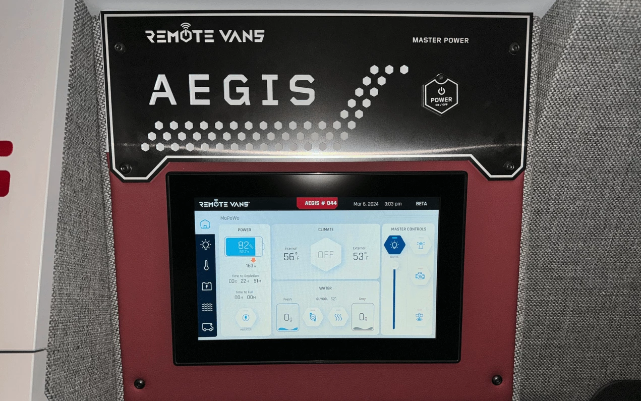 Remote Vans' "Pennyworth" main screen above the front dining/workspace area