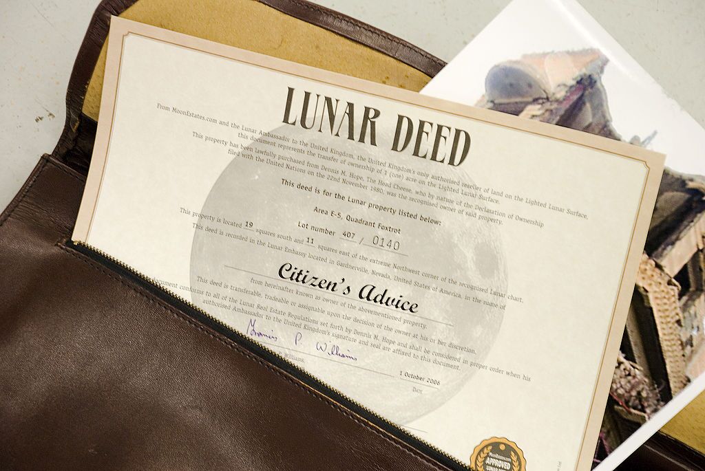 A deed to property on the Moon as served by Dennis Hope's Lunar Embassy