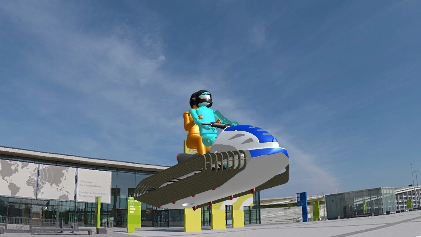 The hoverbike is designed to seat as many as three people. The hemispheric rotors give it two-three times more power and efficiency, says Blainjett, than a series of smaller ducted fans